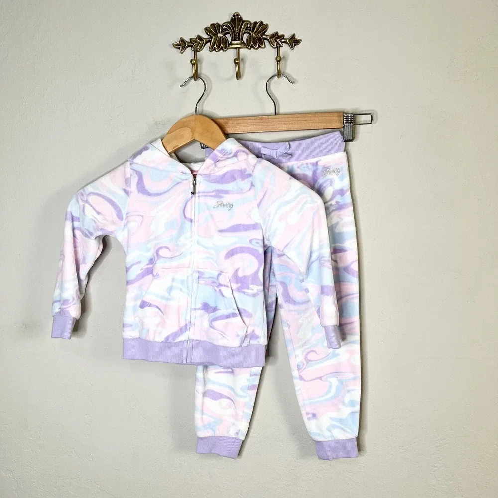 Juicy Couture Kids Girls 4T‎ Marble Swirl Fleece Tracksuit Set Hoodie Pastel